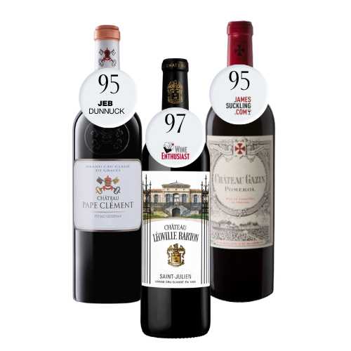 TRIO-POMEROL-FRANCE-WINE-CHATEAU-PAPE-CLEMENT-GAZIN-LEOVILLE BARTON